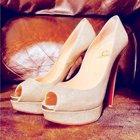 Christian Louboutin Lady Peep 150mm 1" Plat, Champaign Glitter wrapped Lthr EU40 - Picture 2 of 13